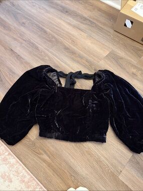 Free People Black Velvet Puff-Sleeve Crop Top